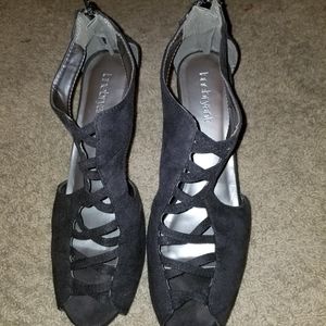 Lane Bryant black cross front peep toe heels